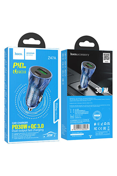 REDz Accessories Încărcător auto, Duo Charge, Hoco Z47A Transparent Discovery Edition, PD 30W, USB și Type-C, Albastru