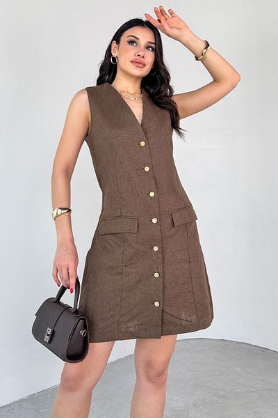 Cappmoda Elb-01768 Καφέ χρυσό φόρεμα με λεπτομέρεια με μηδενικό μανίκι