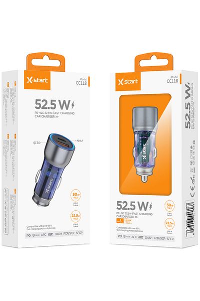 REDz Accessories X-start Cc118 Car Charger, Usb And Type-c Port, Fast Charging 52.5w, Gray