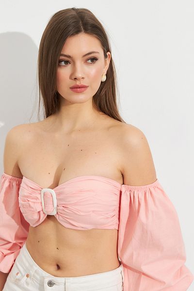 Cool & Sexy Γυναικεία Μπλούζα Crop με μπαλόνι σε πούδρα ROP111