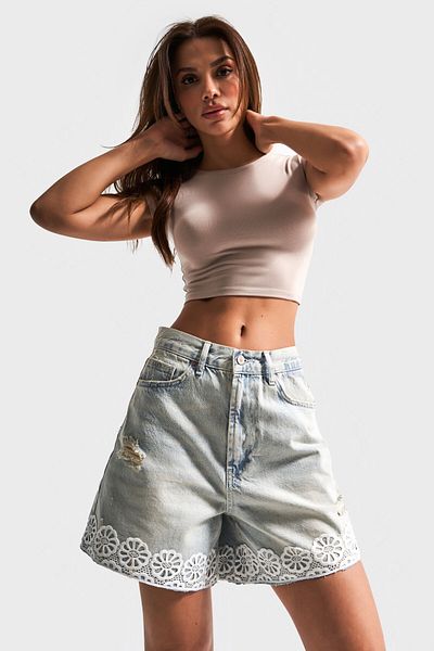 its basic Women's Denim Color D4-12S5-75 Lace Detailed Midi Length Ripped Detailed Mom Fit Design Denim Shorts