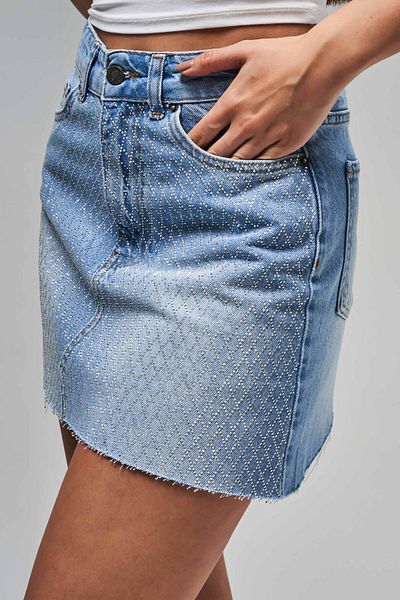 its basic Women's Blue Color T-2S5-4 Shiny Stone Midi Length 100% Cotton 42 cm Design Denim Skirt