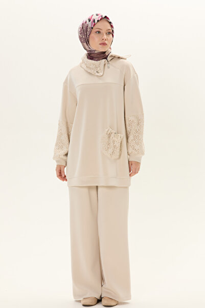 Setrms Dantel Kombinli Mendil Yaka Tunik & Yüksel Bel Lastikli Pantolon Takım