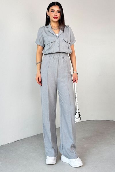 Cappmoda Tkm-03687 Gray Two-Pocket Buttoned Crop Shirt Waist Elasticized Trousers Two-Piece Set