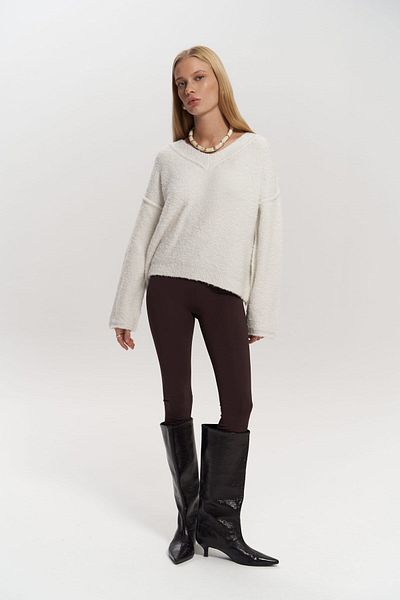 MAİ COLLECTİON Peoria Neck Collar Detail V-Neck Ecru Knitwear Sweater