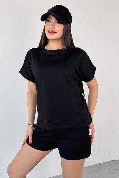 Cappmoda TKM-0021 أسود T كم نموذج طاقم الرقبة تي شيرت الخصر مطاطا سلسلة التعادل جيب السراويل مجموعة من اثنين