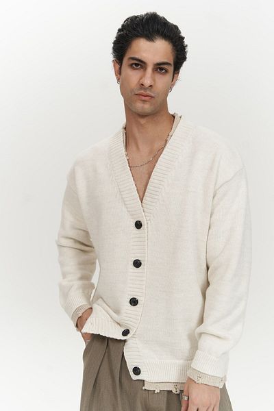 MAİ COLLECTİON Raid Double Collar Ecru Men's Knitwear Sweater