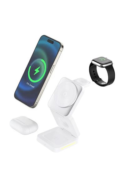 REDz Accessories Stație wireless pliabilă 3 în 1, încărcare rapidă de 15 W, pentru telefon, căști și ceas, albă