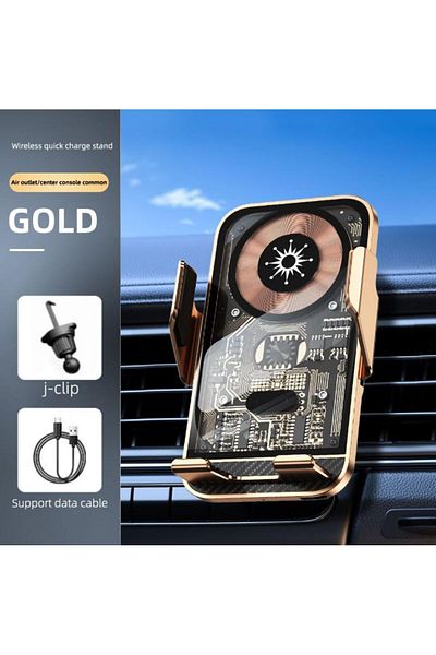 REDz Accessories Suport C10 G-A48, încărcare wireless rapidă de 15W, grilă, cleme automate, design de circuit, auriu roz
