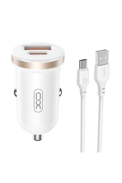 REDz Accessories Set adaptor auto XO-CC56 cu cablu Type-C, compatibil cu iPhone 15/16 și Android, porturi duble, alb