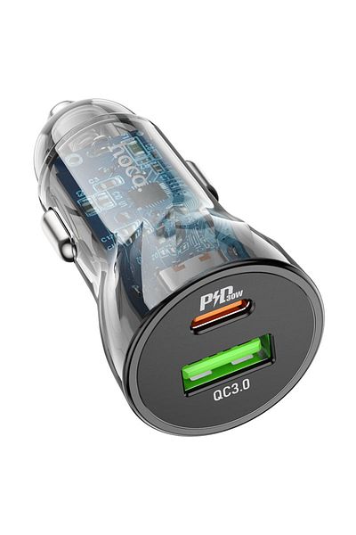 REDz Accessories Încărcător auto, Duo Charge, Hoco Z47A Transparent Discovery Edition, PD 30W, USB și Type-C, Negru