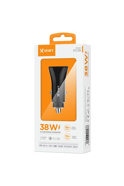REDz Accessories Adaptor auto X-start CC116, porturi duble, USB tip C, încărcare rapidă 38 W, negru