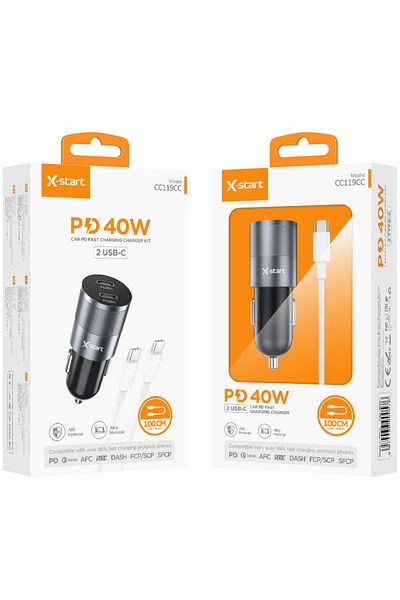 REDz Accessories Încărcător auto X-start Cc119cc cu cablu Type-C de 1 m, încărcare rapidă de 40 W, gri