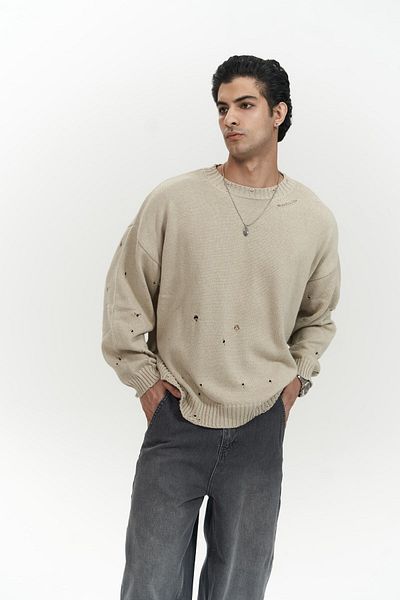 MAİ COLLECTİON Ανδρικό πλεκτό πουλόβερ Alec Corded Ripped Λεπτομέρεια Μπεζ