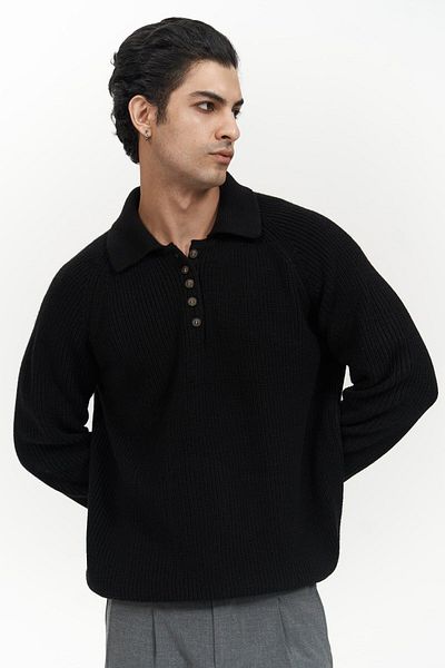 MAİ COLLECTİON Λεπτομέρεια Vander Button Μαύρο ανδρικό πλεκτό πουλόβερ