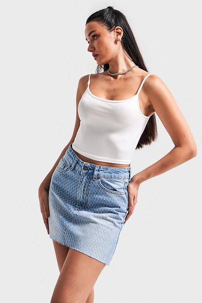 its basic Women's Blue Color T-2S5-4 Shiny Stone Midi Length 100% Cotton 42 cm Design Denim Skirt