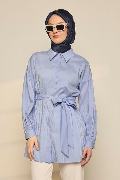 Setrms Belted Hidden Placket Striped Sports Tunic