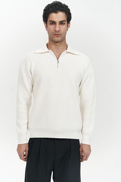 MAİ COLLECTİON Oberon Polo Neck Half Zipper Ecru Men's Knitwear Sweater