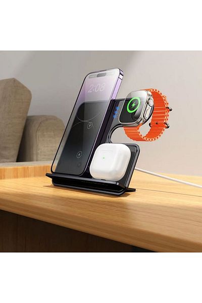 REDz Accessories Stație wireless HOCO CQ19, încărcare rapidă 15W, pentru telefon, căști și ceas, MagSafe, gri închis
