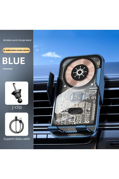 REDz Accessories Suport C10 G-A48, încărcare wireless rapidă de 15W, grilă, cleme automate, design de circuit, albastru