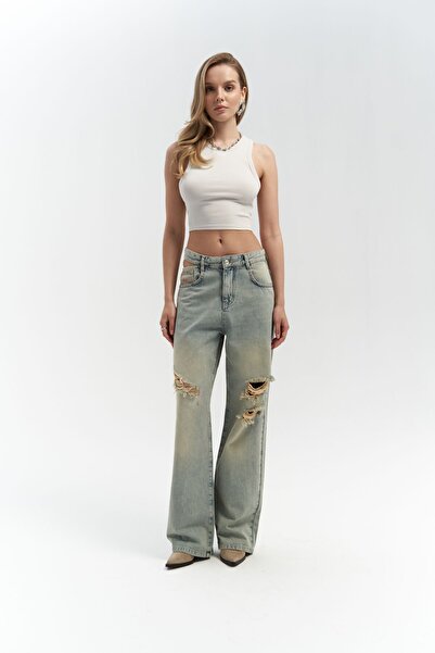 MAI STUDIOS CO. Oldwin Dirty Grey Vintage Print Detail Jean nadrág