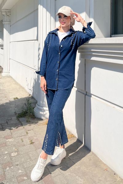 TOFİSA Stone Detailed Double Denim Suit Dark Blue - 25365