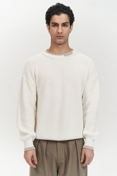 MAİ COLLECTİON Carter Double Collar Detailed Ecru Men's Knitwear Sweater