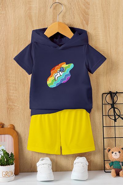 MYADA New Season Hooded Rainbow Astronaut Printed 2-Piece Children's Set 22431