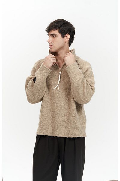 Mia Collection Мъжки трикотажен пуловер от норка с цип и детайли Zane