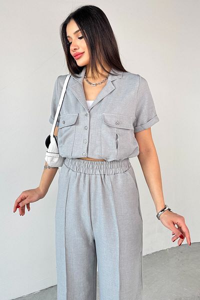 Cappmoda Tkm-03687 Gray Two-Pocket Buttoned Crop Shirt Waist Elasticized Trousers Two-Piece Set