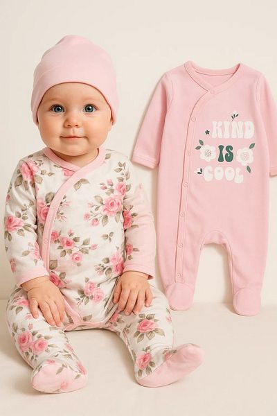 Babydonat Kind Is Cool Patterned Embroidered Baby Girl Set of 4 Jumpsuits