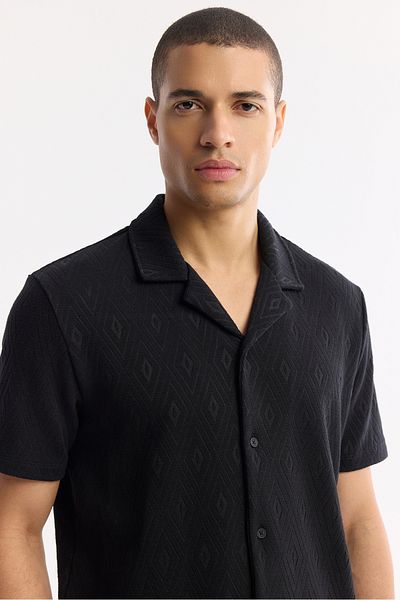 Avva Men's Black Jacquard Apaj Collar Short Sleeve Knitted Shirt A51Y2144