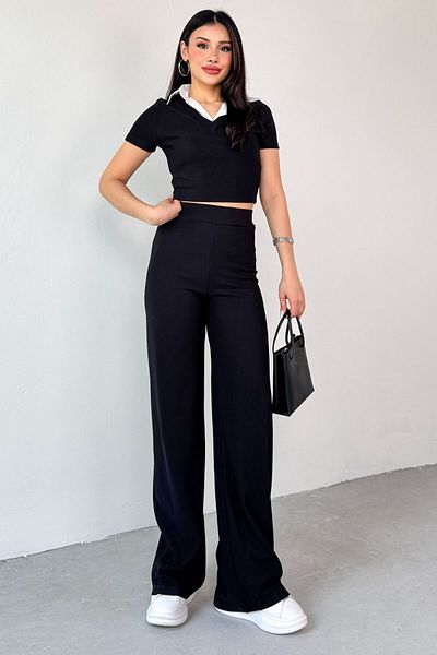 Cappmoda Tkm-13264 Black Shirt Detail Crop Blouse High Waist Pants Double Set