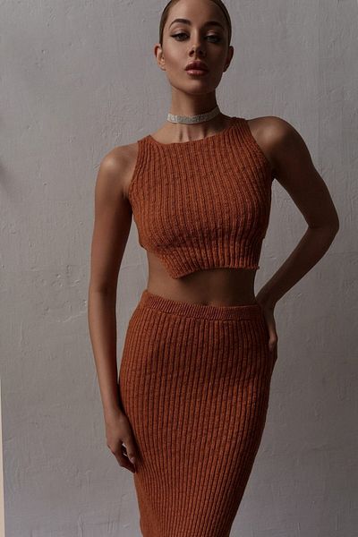 BOHEMAİ Set tricotaj Cris Cinnamon Crop-fustă