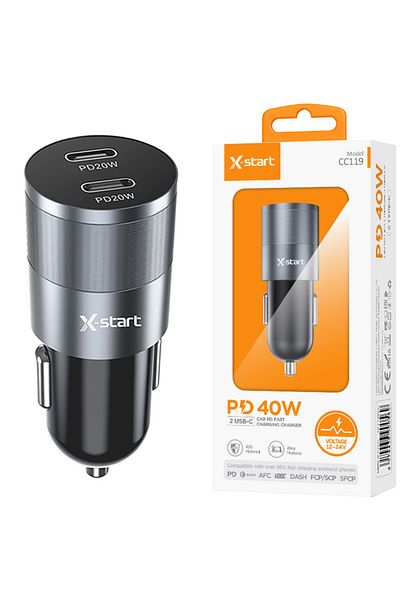 REDz Accessories X-start Cc119 Car Charger, Dual Type-c Port, Pd40w Fast Charging, Gray