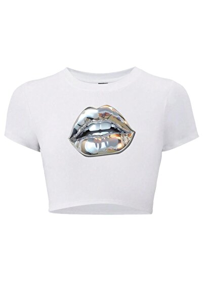 BRZ COLLECTION Kadın Silver Lip Gümüş Dudak Crop T-shirt Beyaz