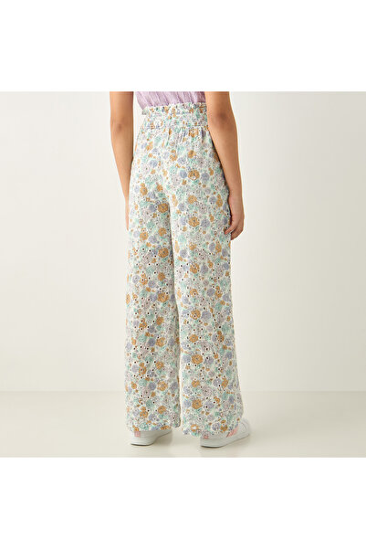 ELIGO All-Over Floral Print Schiffli Detail Wide Leg Pants with Paperbag Waist