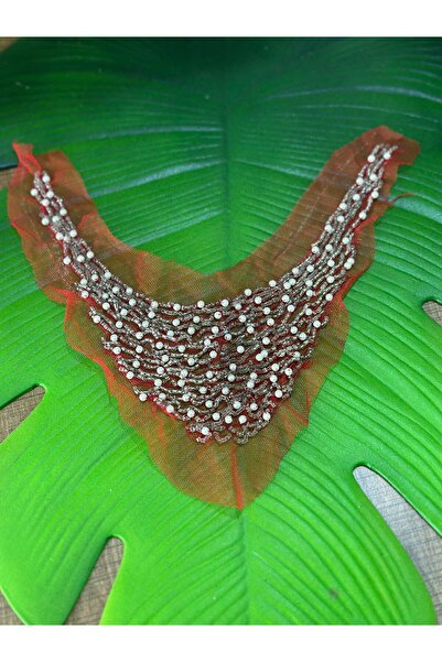 Gönülden Tasarım KIRMIZI TÜLLÜ BONCUK İŞLEME YAKA DİKİŞAPLİKE 20X10 CM