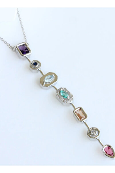 Ervalina Zirkon Taşlı Y Kolye - Çelik ve Gümüş Rengi, Ervalina Trend