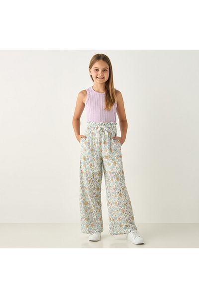 ELIGO All-Over Floral Print Schiffli Detail Wide Leg Pants with Paperbag Waist