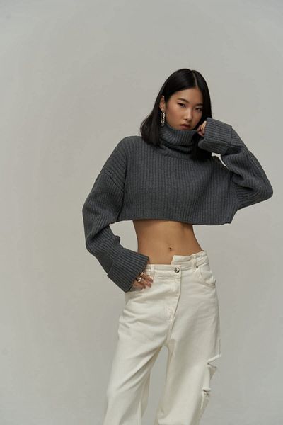 MAİ COLLECTİON Pulover Crop Antracit cu gât Revue