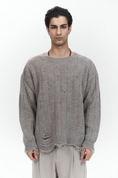 MAİ COLLECTİON Кафяв кафяв мъжки трикотажен пуловер Vincent Ripped Detail