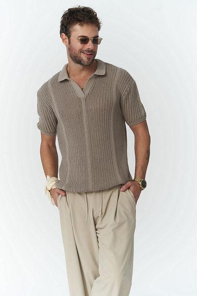 BOHEMAİ Men's Mink Knitwear T-Shirt - Line Detailed, Looke
