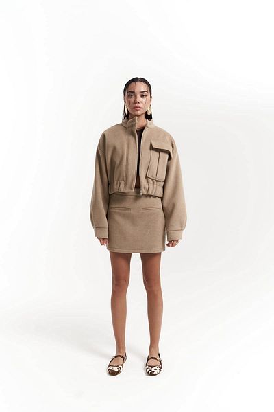 MAİ COLLECTİON Tenby Taupe Crop Jacket-Skirt Set