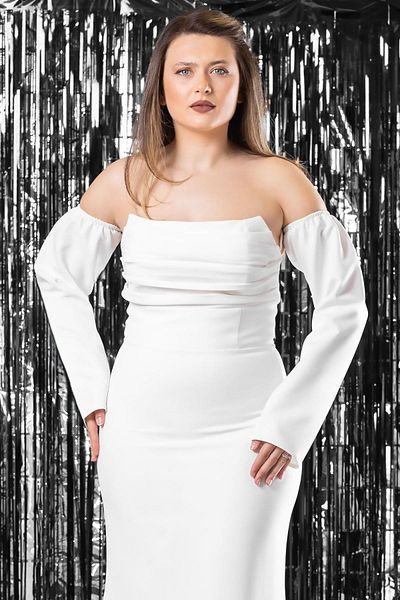 Modaviki Sleeve Detailed Evening Dress Ecru Mdv378