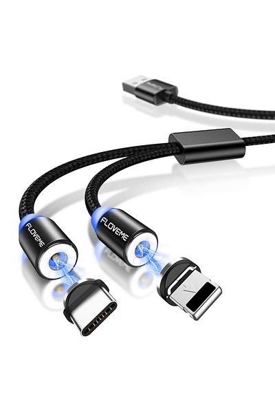 REDz Accessories Cablu de încărcare rapidă 2.1A, 2 conectori magnetici USB-C și Apple, 2 dispozitive simultan, LED, 1.2m