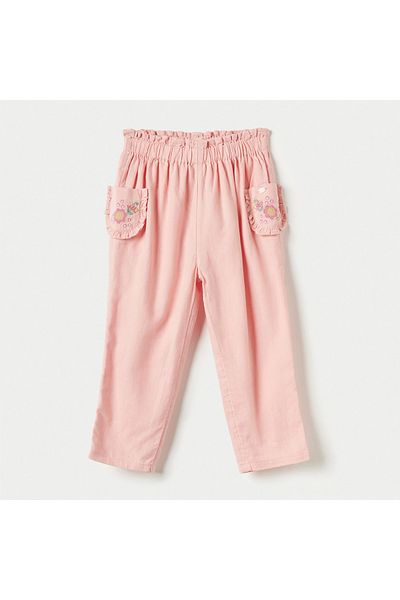 giggles Floral Embroidered Pants with Pockets and Elasticated Waistband
