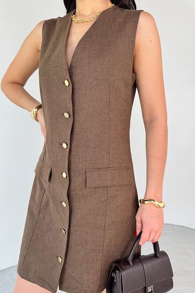 Cappmoda Elb-01768 Καφέ χρυσό φόρεμα με λεπτομέρεια με μηδενικό μανίκι