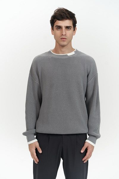 MAİ COLLECTİON Pulover tricotat pentru bărbați, gri, cu guler dublu Carter