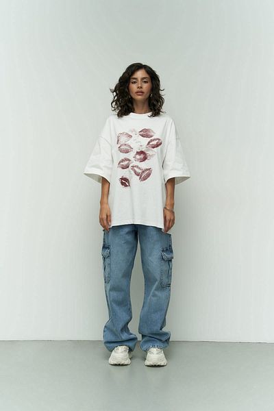 MAİ COLLECTİON Lips White Oversize T-Shirt